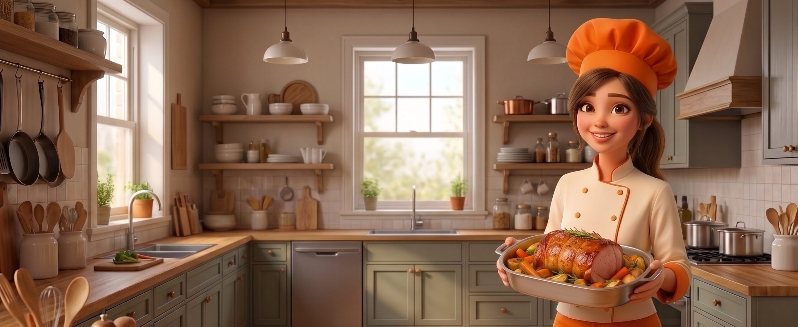 Chef Pam em uma cozinha com um assado em uma assadeira de alumínio. Texto: Grandes receitas. Feitas ainda melhores. Com a Lumipam.