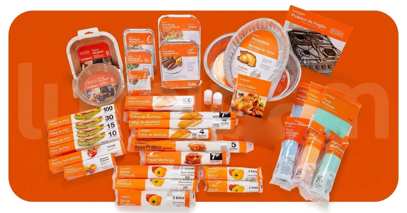 Linha de produtos Lumipam: assadeiras, bandejas, forros, papel alumínio, filme de PVC, papel manteiga, sacos, panos e mais